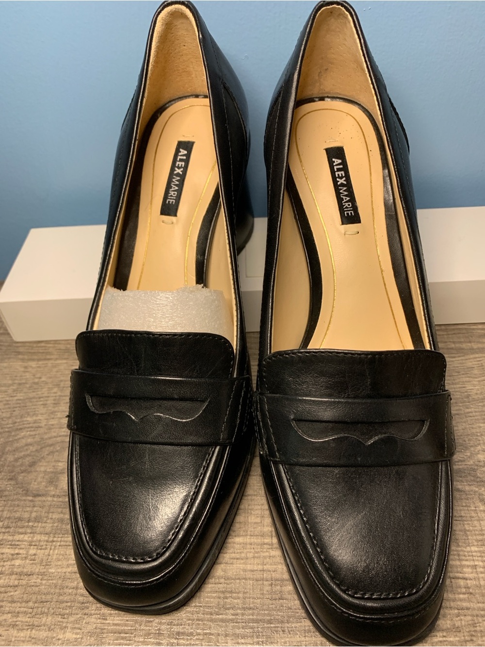 Alex Marie Black Leather heeled Loafers with Penny Strap